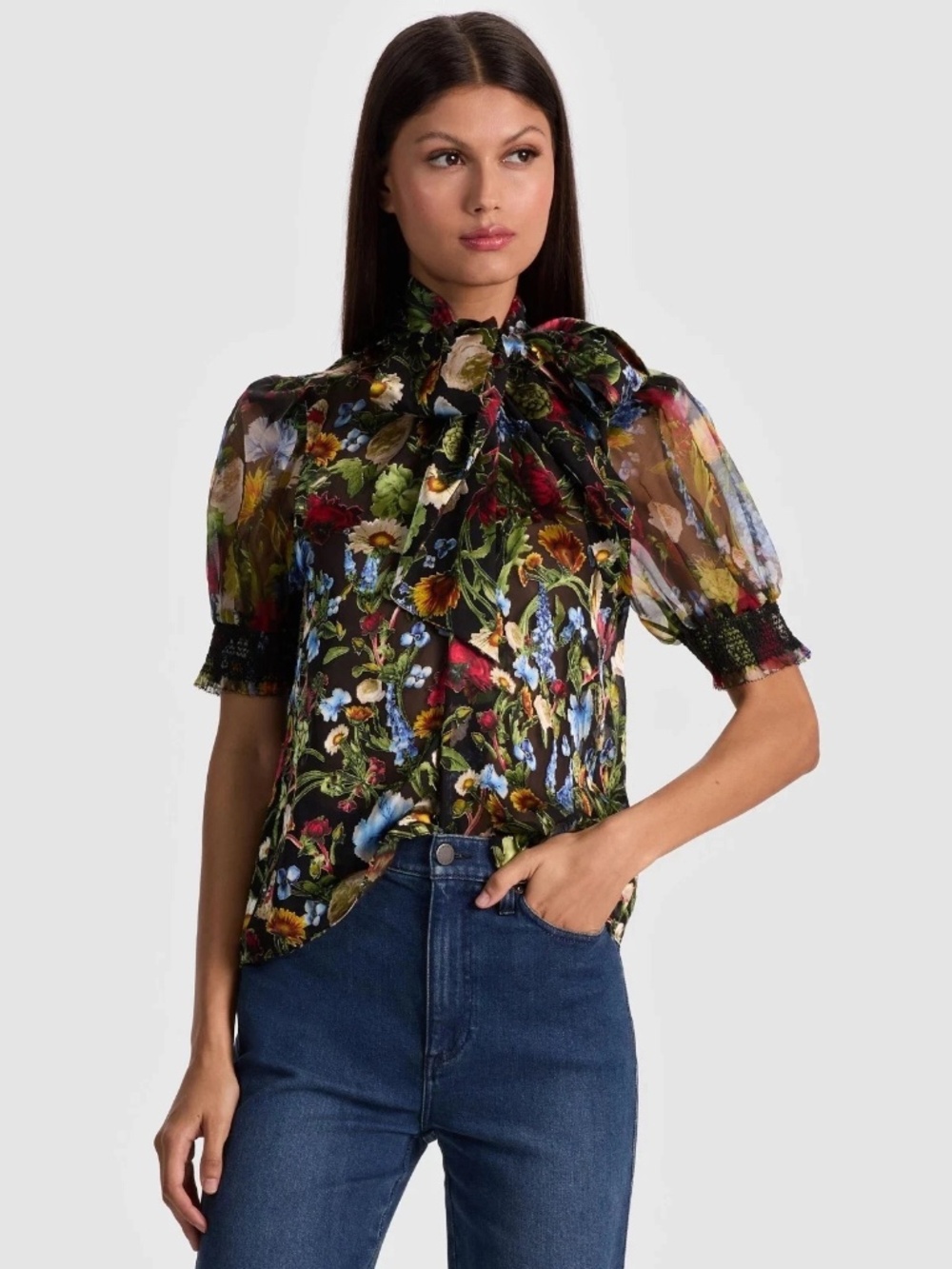 Alice + Olivia Brentley Floral Tie Neck Silk Combo Shirt size XL